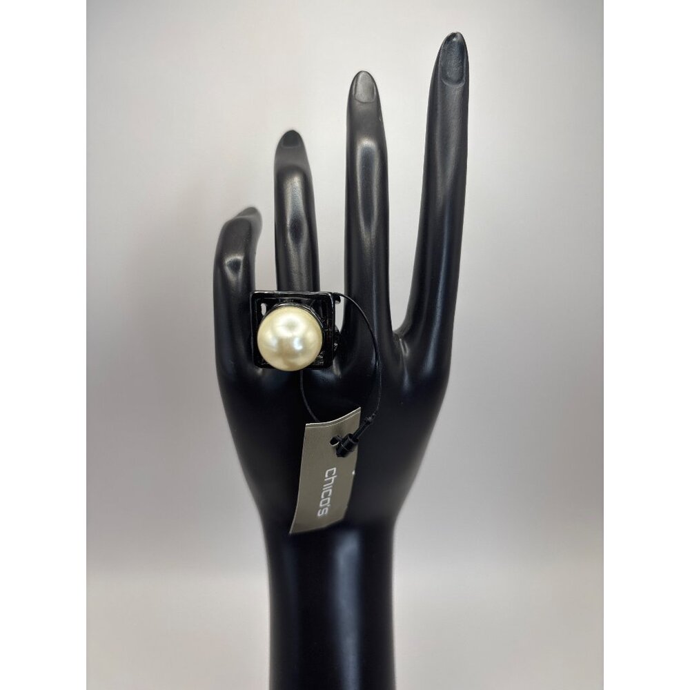 Chico's Black Tone Faux Pearl Merrie Statement Cocktail Ring SZ 7 NEW